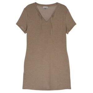 Calvin Klein T Shirt Dress Jersey Knit Tie Neck Pockets Khaki Tan L NWT